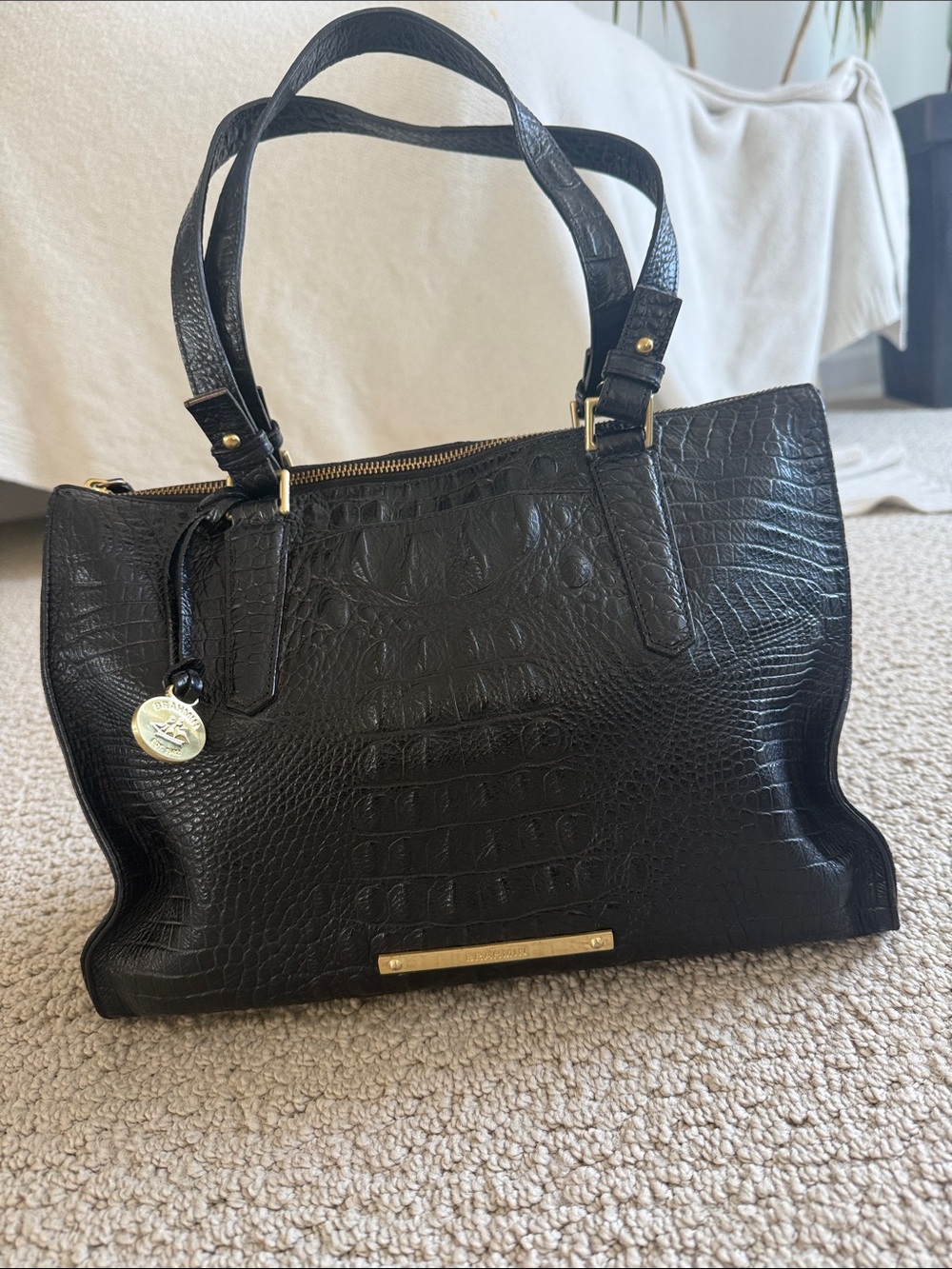Brahmin Black Croc-Embossed Leather Tote Handbag
